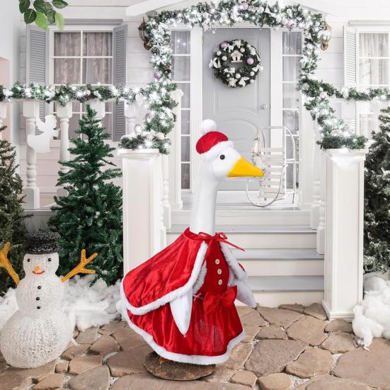 Christmas Mrs. Claus Goose Outfit for 23" High Cement/Plastic Goose Statue Red Velvet Dress Clothes with for Outdoor
