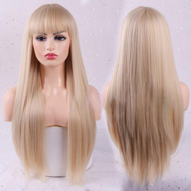 MERISIHAIR Women's Long Blond Straight Hair with Bangs High Quality Synthetic Fiber Wig