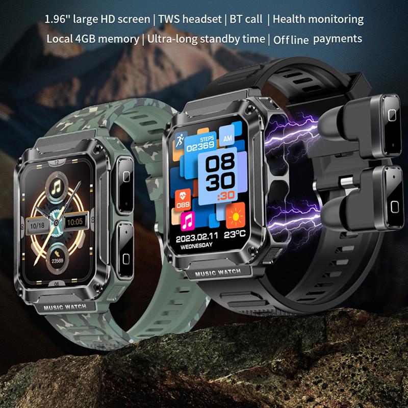 Smart Watch 3 In 1 Wireless Headset 4gb Memory 400 Mah Battery 1.96 Inch Screen Bluetooth Call Smartwatch Men Women+box