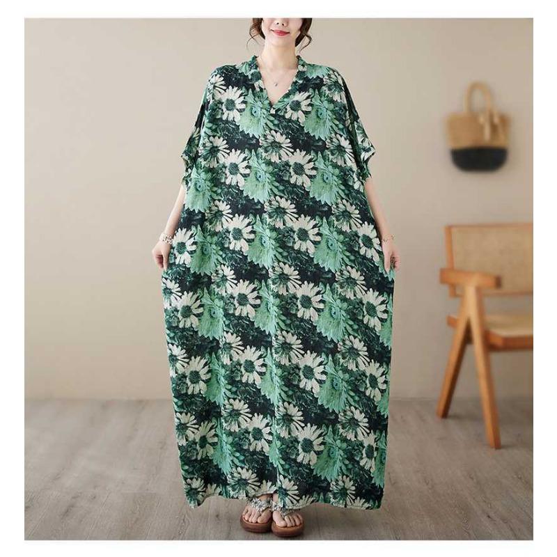V-neck Thin Plus Size Loose Vintage Cover-up Long Dress