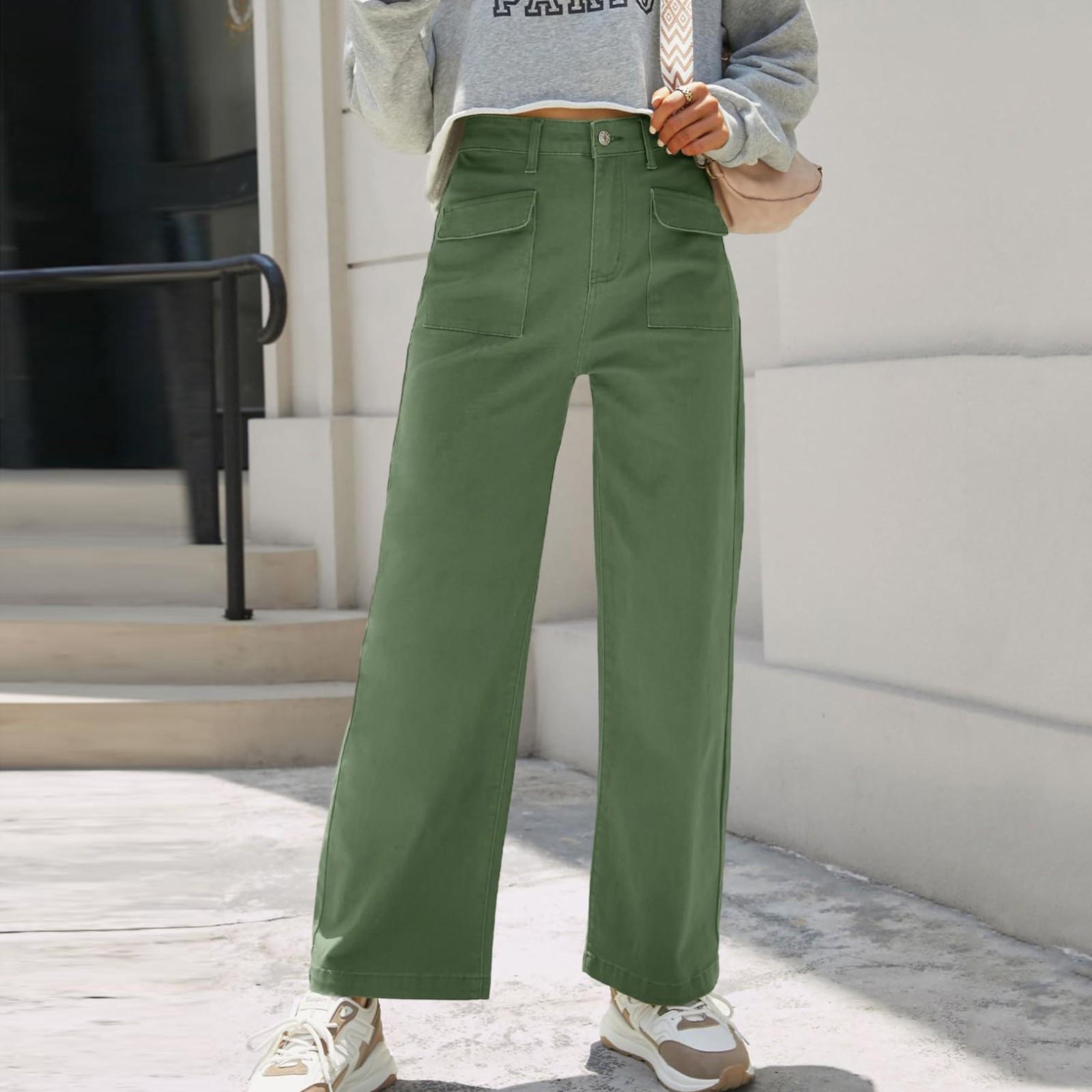 

Женские эластичные повседневные брюки с высокой талией и широкими длинными штанинами с карманами L зелёный