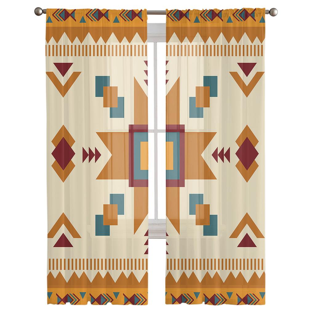 Ethnische geometrische Textur Tüll-Fenstervorhang, durchsichtige Volants, Vorhänge für Wohnzimmer, Heimdekoration, Drape-Panel