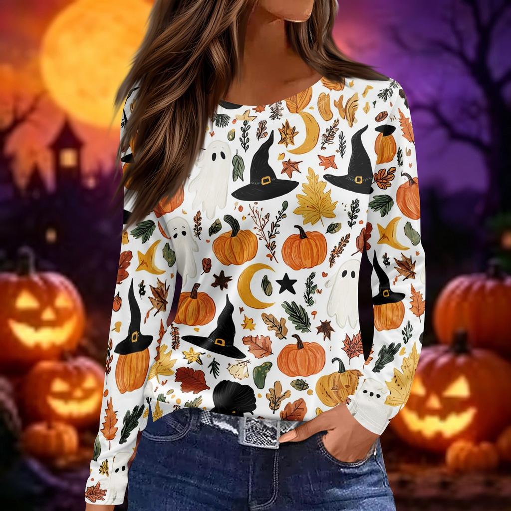 Women Fashion Long Sleeve Crew Neck Top Halloween Print Split Hem Casual Blouse Lightweight Comfortable Fit