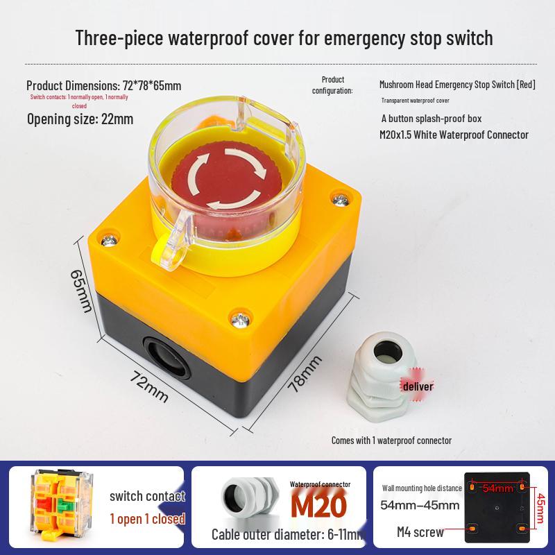 22mm Waterproof 220V Button Switch Combo: Start/Stop/Emergency Stop/Power Indicator Light