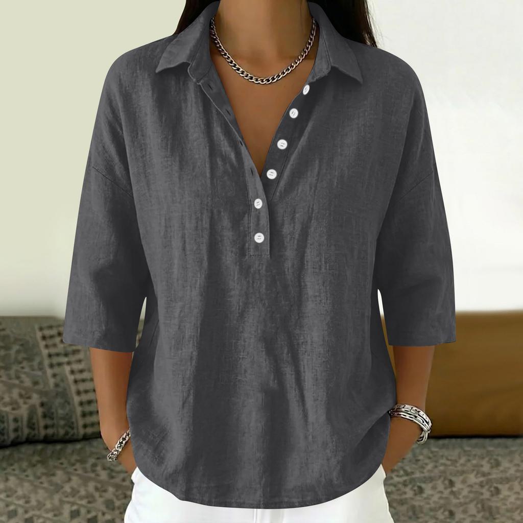 Damen 3/4 Ärmel Knopfleiste Hemdbluse V-Ausschnitt Elegant Lässig Sommerblusen Business Tops Arbeitshemden mit Kragen