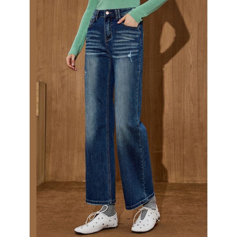 Coolhut2025 Autumn Women's Fashion Washed Simple Loose All-Match Micro-Pull Blue Jeans