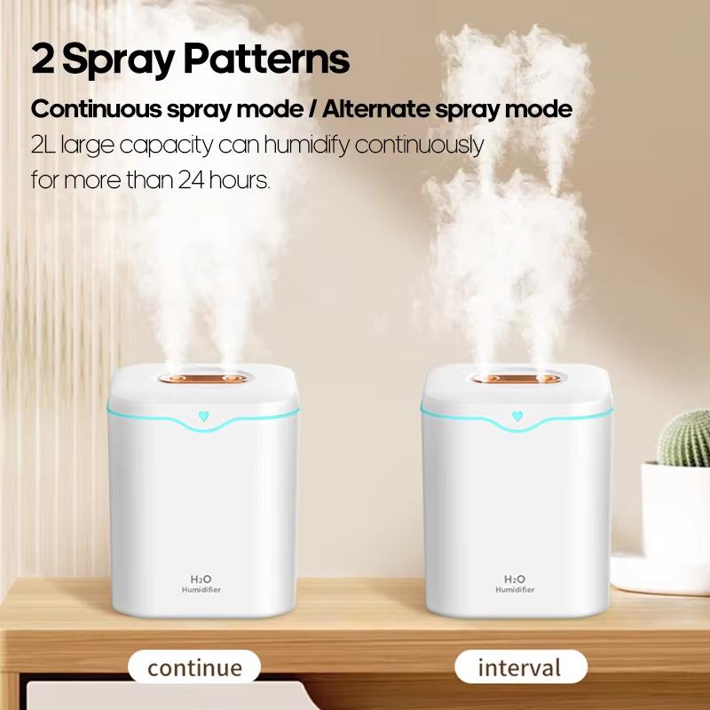 Large Capacity 2L Double Spray Humidifiers USB Ultrasonic Silent Diffuser Cool Mist Maker Air Purifier for Office Difusor ml