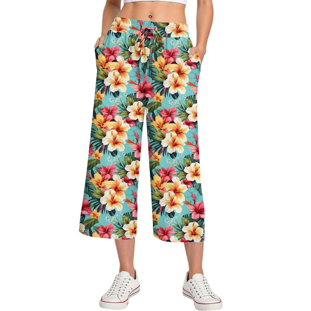 Pantalon d'été pour femme à taille haute, imprimé, décontracté, sportswear, pantalon court décontracté, pantalon ample