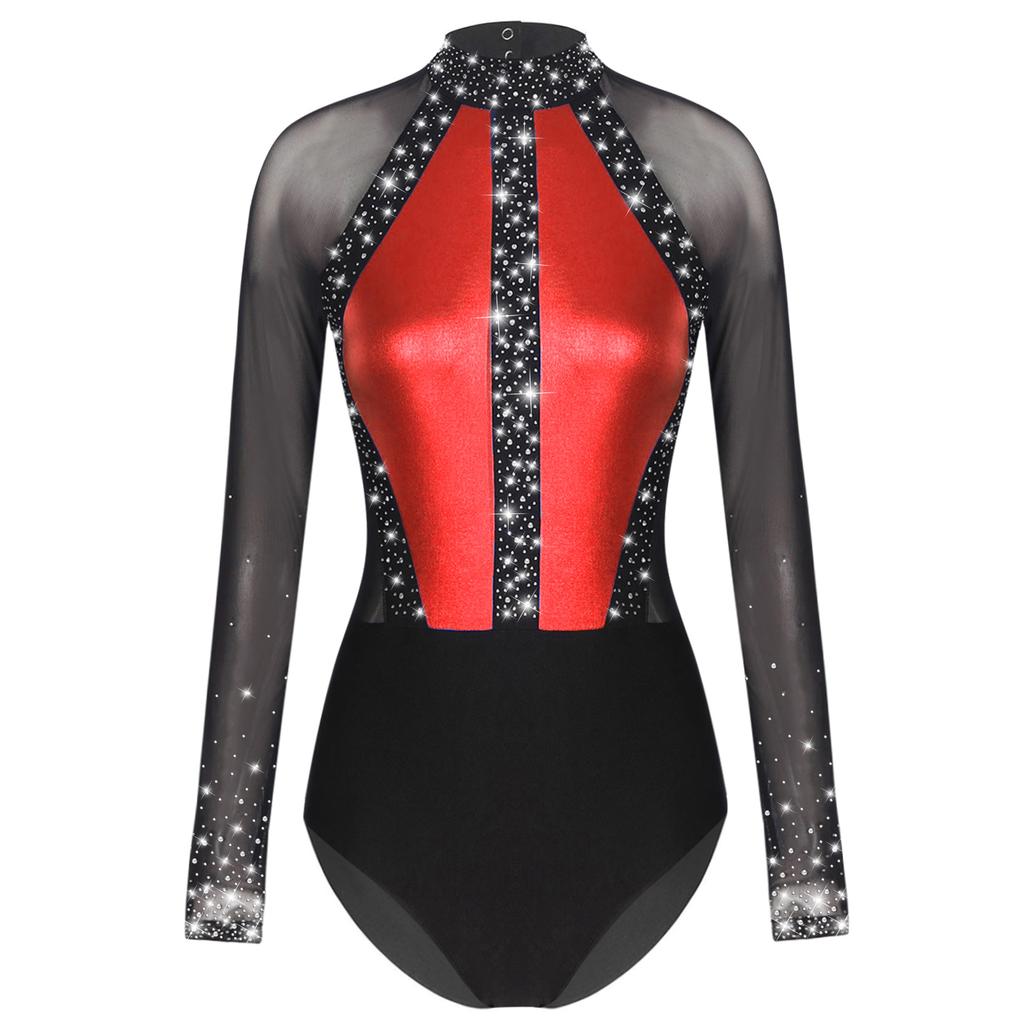 Womens Figure Skating Bodysuit Color Block Patchwork Keyhole Back Sheer Mesh Long Sleeve Rhinestone Leotard