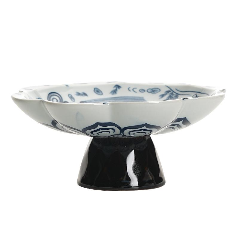Blue and White Porcelain High Foot Dessert Plate Creative Ceramic Fruit Tray for Tea Room Dry Nuts Snacks Serving Tray