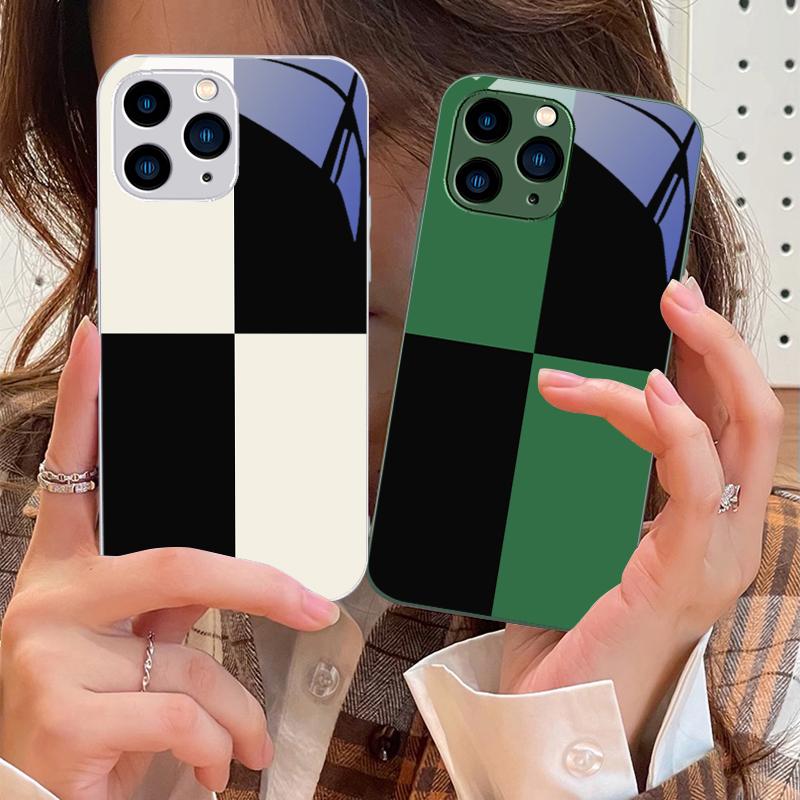 Schwarz-Weiß-Gitter Lila Für IPhone 16 Pro Max 15 Pro 14 13 12 Mini 11 XS Max XR 7 8 Plus SE 2022 Gehärtetes Glas Handyhülle
