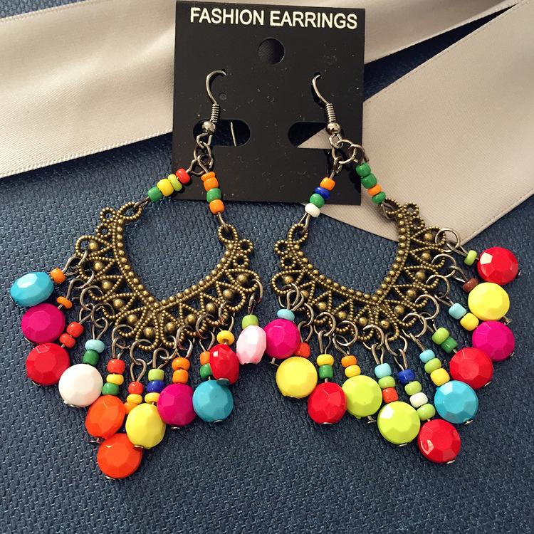 Popular earrings Bohemian retro fringed long beaded earrings colorful earrings women