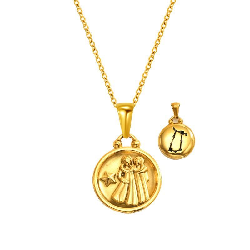 Gold Titanium Steel Round Double-Sided Wearing 12 Constellation Necklace Women'S Light Luxury Collarbone Chain Pendant