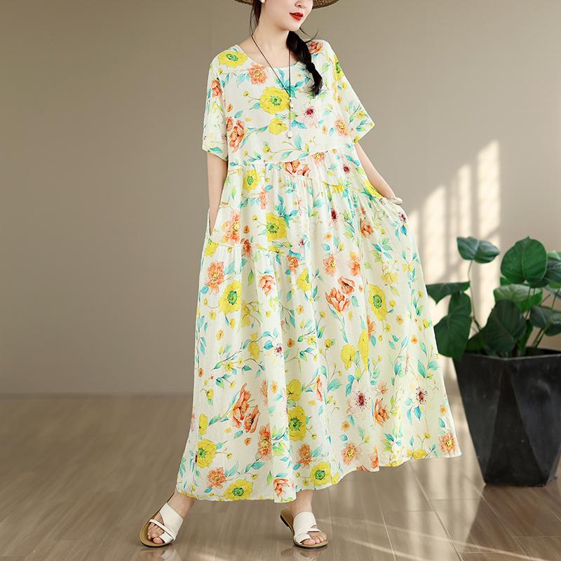 DIMANAF New 2026 Sundress Women Plus Size Summer Casual Print Floral Maxi Long Dress Cotton Loose Oversize Beach Holiday