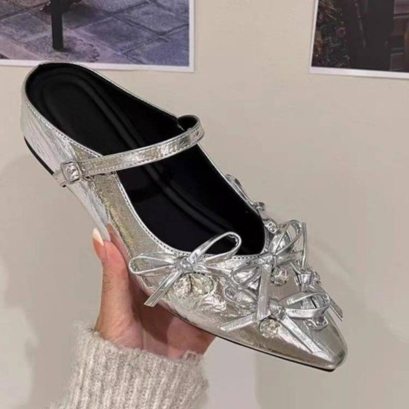 Baotou Slippers Women's Fashion Shallow Mouth Crystal Butterfly Knot Soft Sole Anti-slip Wear-resistant Low Heel Shoes