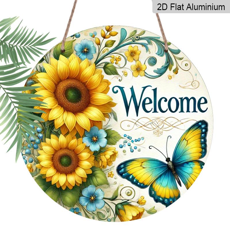 2D Flat 1pc, 8x8 in Vintage Sunflower & Butterfly Round Aluminum Metal Sign – Rustic Welcome Design for Home, Garden, Cafe, and Farmhouse Decor
