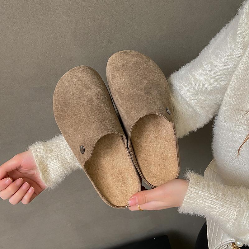Fashion Women's Fashion Baotou Flat Shoes Spring New Round Head Deep Mouth Suede Rivet Anti-slip Wear-resistant Slippers