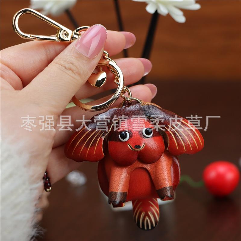 First Layer Cowhide Puppy Pendant Car Keychain Leather Rope Bag Pendant Accessories Zodiac Gifts
