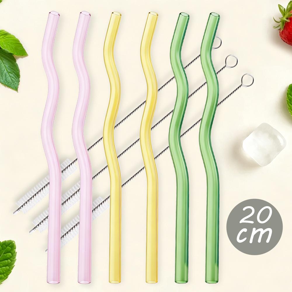 6Pcs Pink 200*8mm Glass Straws Wavy Drinking Straw Set with 3 Brush High Borosilicate Glass Straw Kitchen Party Bar Drinkware