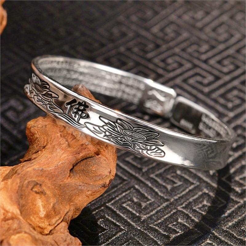 Simple Ethnic Style Lotus Heart For women 925 Sterling Silver Aged Retro Buddha Character Flower Opening Bracelets  TYB607