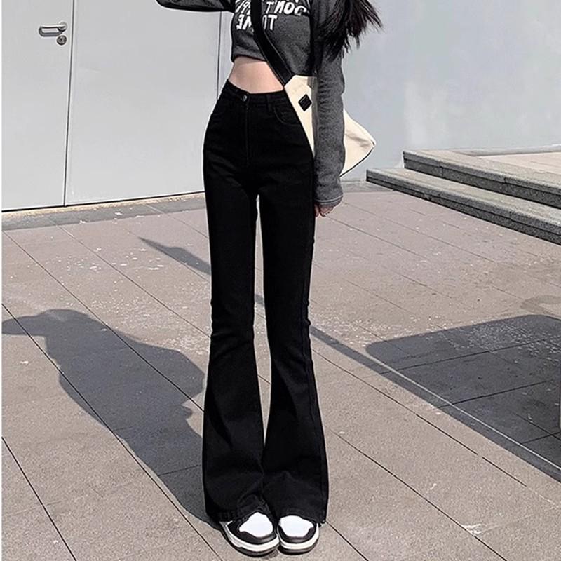 Women's Korean Style Black Micro-Flared High Waist Stretch Jeans
