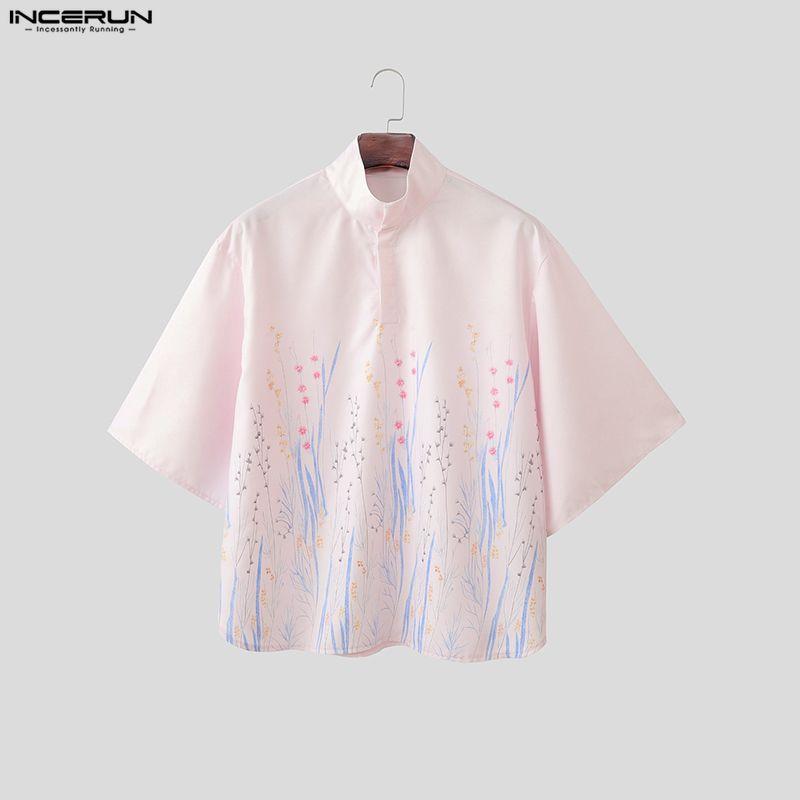 INCERUN Oversized Summer Men Lapel Neck 3/4 Sleeve Buttons Print Casual Shirts Tops