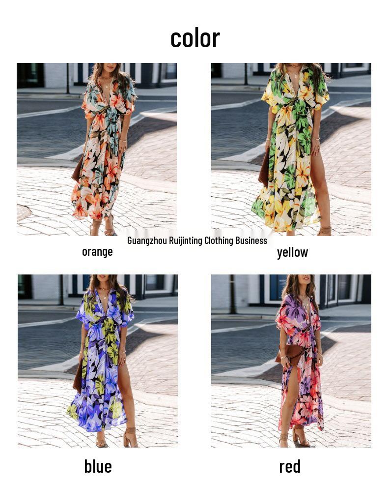 2026 Summer Floral V-Neck Dress: European & American Style, Slimming Fit for Women