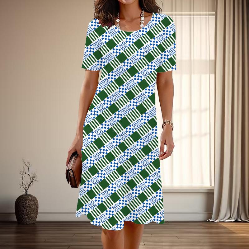 Damenmode Anmutiger Karomuster-Druck Sommer Frühling Kurzarm O-Ausschnitt Freizeitkleider