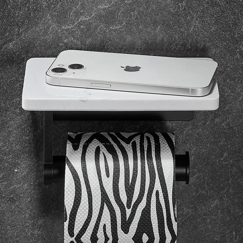 White/Black Marble Bathroom Paper Towel Holder Aluminum Wall-mounted Phone Rack Roll Tissue Shelf Bathroom Accessories