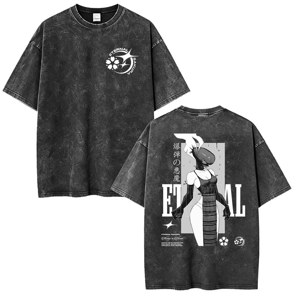 2026 Summer Hot Sale Anime Chainsaw Man Vintage Washed T-shirt Men Women Hip Hop Punk Streetwear Oversized T-shirt
