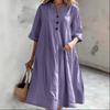 V-neck Half Sleeved Cotton Linen Medium To Long Dresses Loose Fit Three Button Pocket Women's Dresses