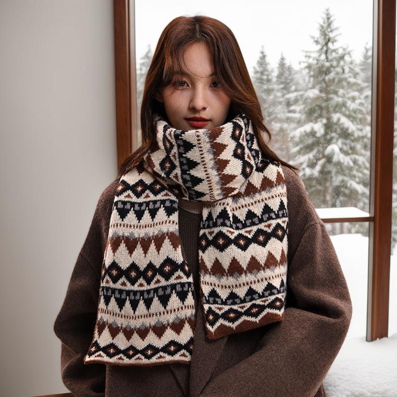Women's Winter Jacquard Knitted Scarf Retro Thickened Warm Woolen Scarf Fashion Scarf