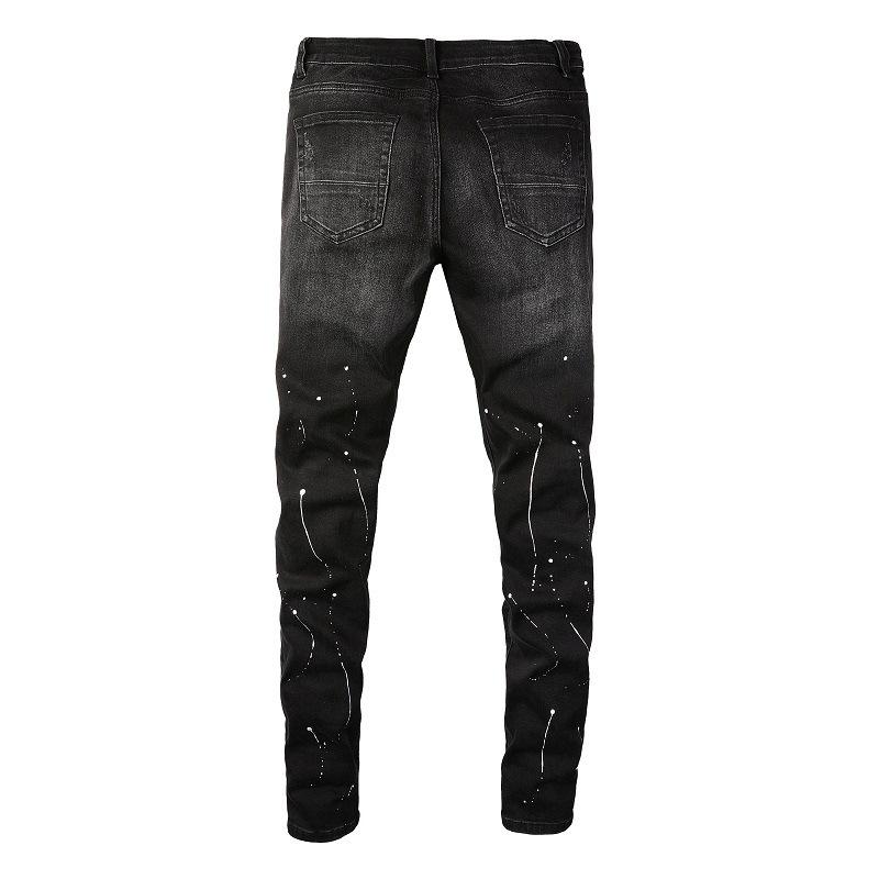 Unisex Vintage Crystal Stretch Denim Skinny Jeans Painted Holes Ripped Tapered Pants Men Streetwear Patchwork Black Trousers