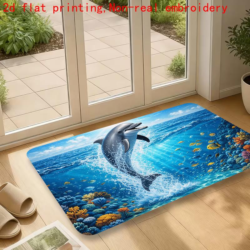 1pc, 2D Flat Printing, Ocean Dolphin Jumping Out of The Water Pattern Entrance Doorway Anti-Slip Mat, Non-Slip Machine Washable Easy Clean Polyester C