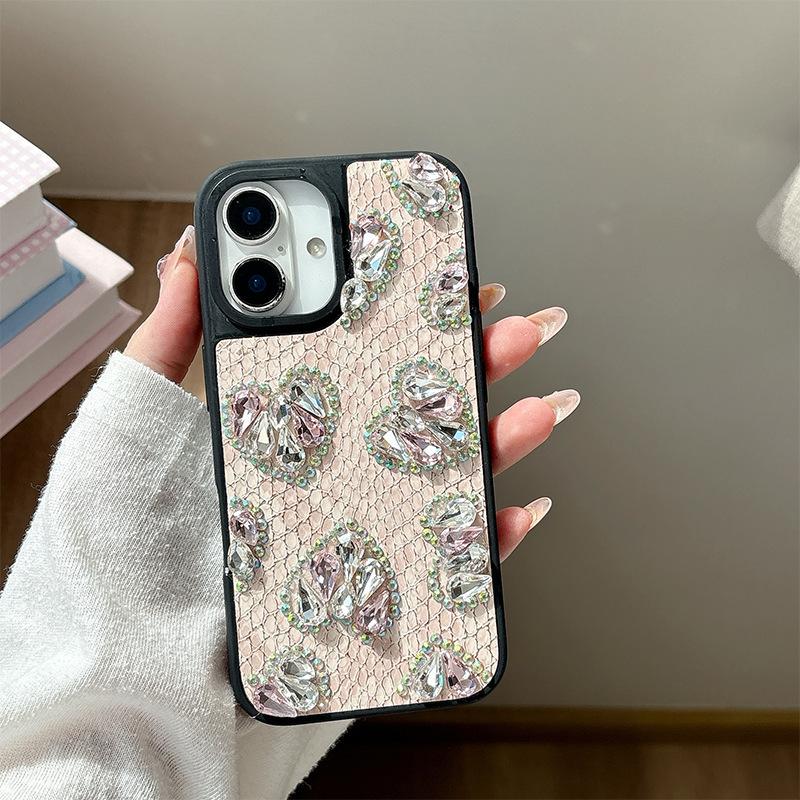 Luxurious Snakeskin Pattern Rhinestone Heart-shaped Mobile Phone Case for IPhone16pro High-end for Apple 17Air Women’s Fashion