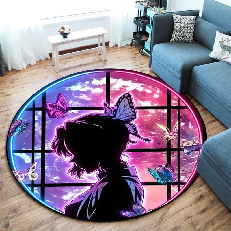 Classic Japanese-style Cartoon Demon Slayer Round Rug, Home Soft Decorative Anti-slip Yoga Mat and Chair Mat, Outdoor Floor Mat Carpet K13