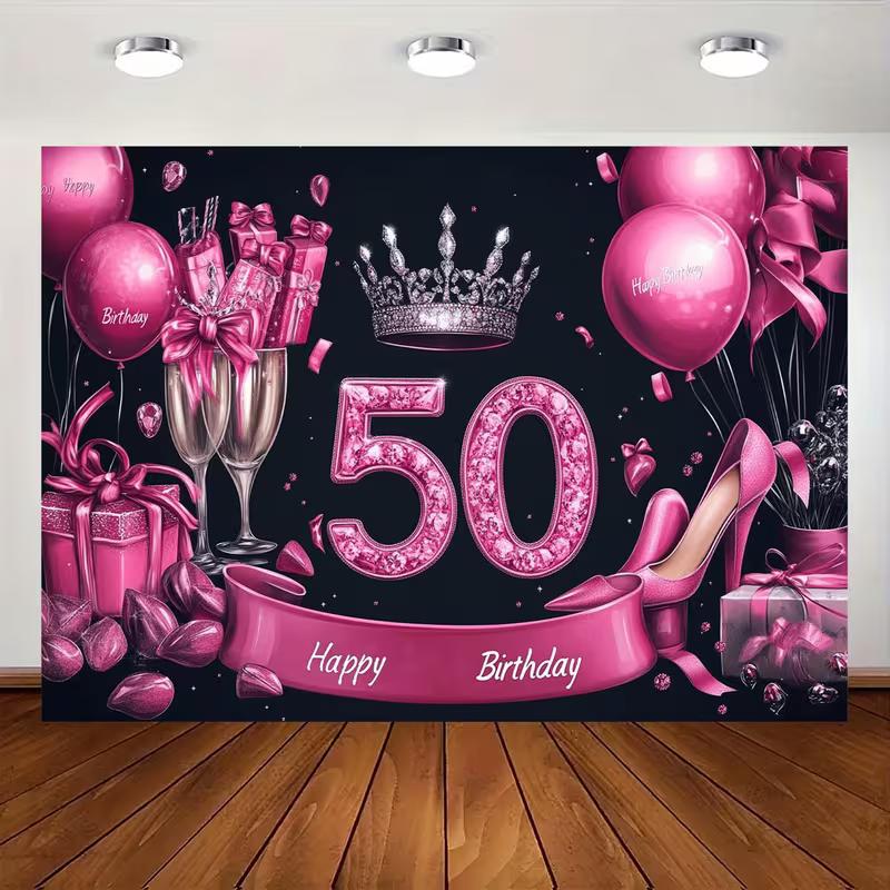 2D Glam Black Pink 50th Happy Birthday Photography Backdrop with Heels & Gifts