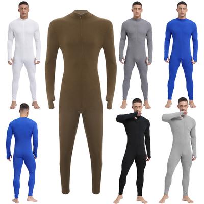 Macacão Atlético Listrado Masculino Gola Alta Manga Longa Zíper Frontal Unitard Roupa de Desempenho para Treino Yoga Academia