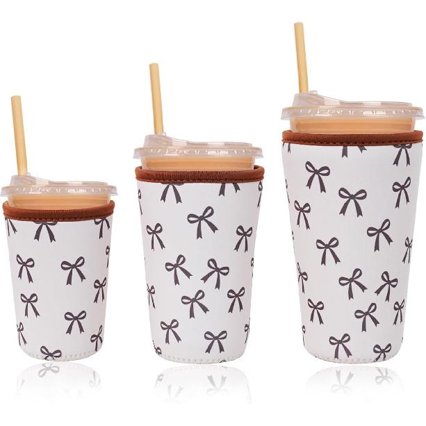 Reble Ulated Neoprene Iced Coffee Cup Sleeve, Durable Drink Sleeve for Cold Beverages, Beverage Holder for Iced Coffee, Floral Checkers