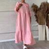 2024 Drawstring Back Tie Casual Solid Color Women's Dress - Round Neck, Long Sleeve