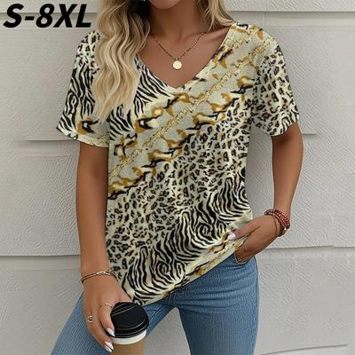 S-8XL Plus Size Summer Vintage Women's T-shirt Casual Graphic Print Oversize Clothing Outdoor V-neck Short Sleeve Tops Tees