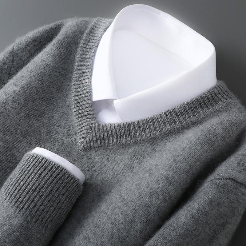 Men's 100% Pure Wool V-neck Thick Warm Business Casual Sweater
