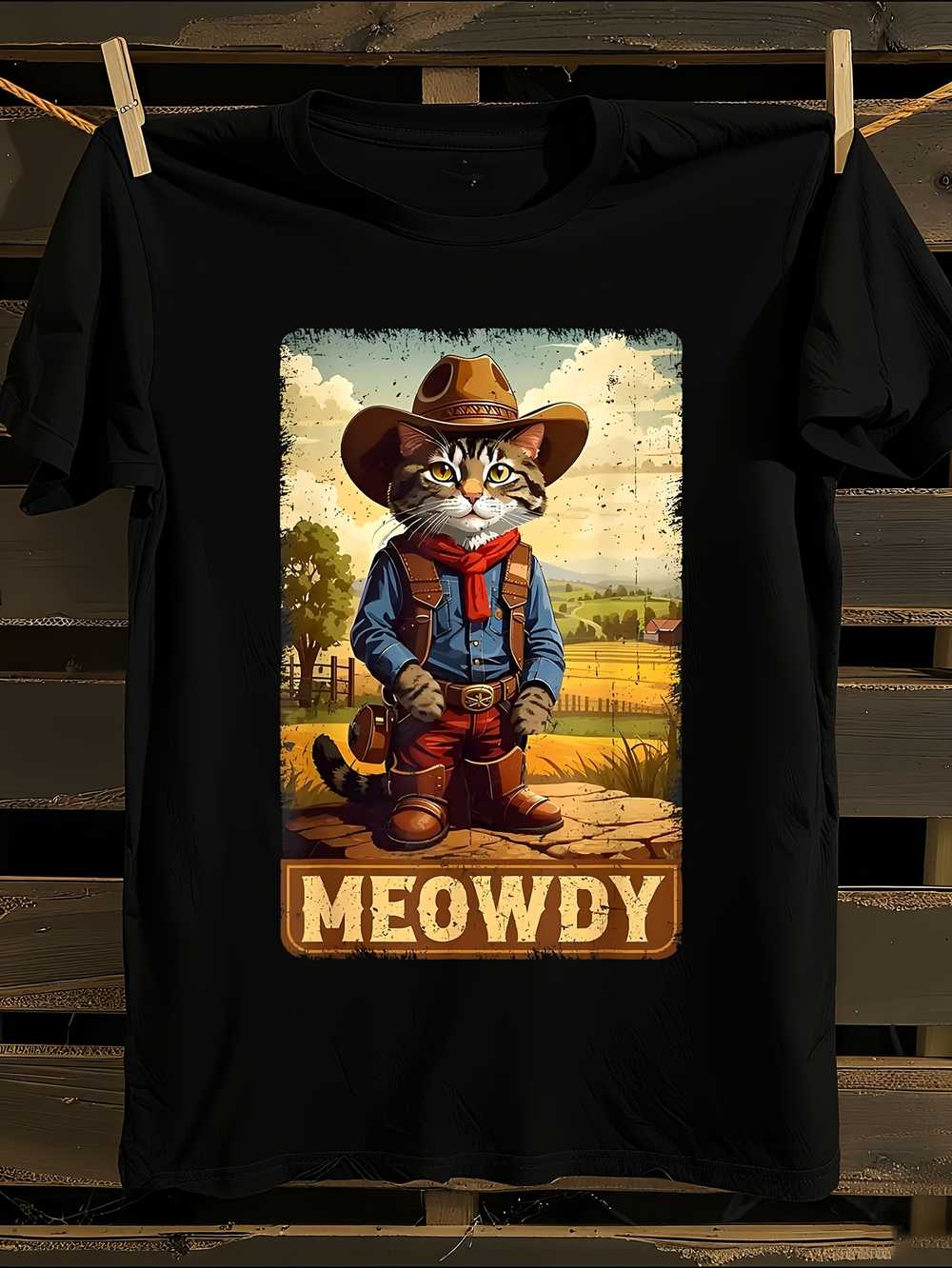 

Meowdy Vintage Cowboy Cat Graphic T-Shirt Mens Tshirt Womens Tshirts with Letters Print Short Sleeves T-Shirt Casual Street Tee Shirt Top XL