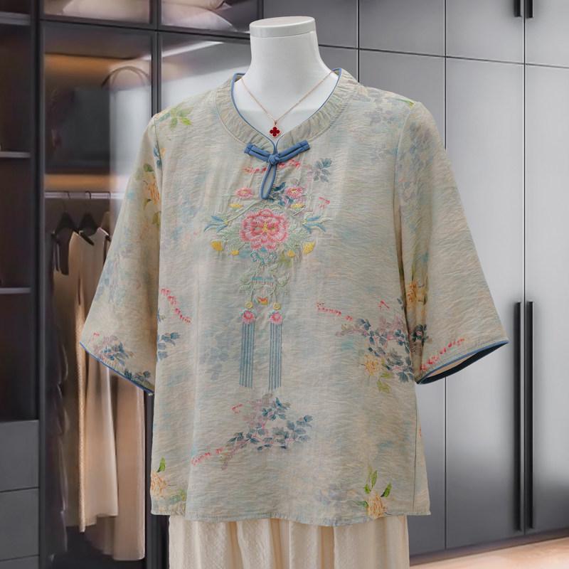 

Modern Chinese Stand Collar Embroidered Short Sleeve Shirt for Middle-Aged and Elderly Women - Versatile Summer Top XL (suggested 90-105 jin) синій
