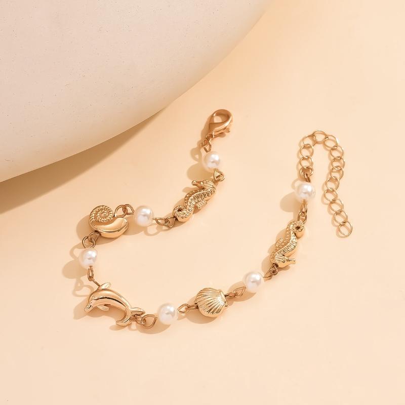Bohemian Fashion Dolphin Conch Imitation Pearl Bracelet, Women's Beach Vacation Style Holiday Accessory Gift