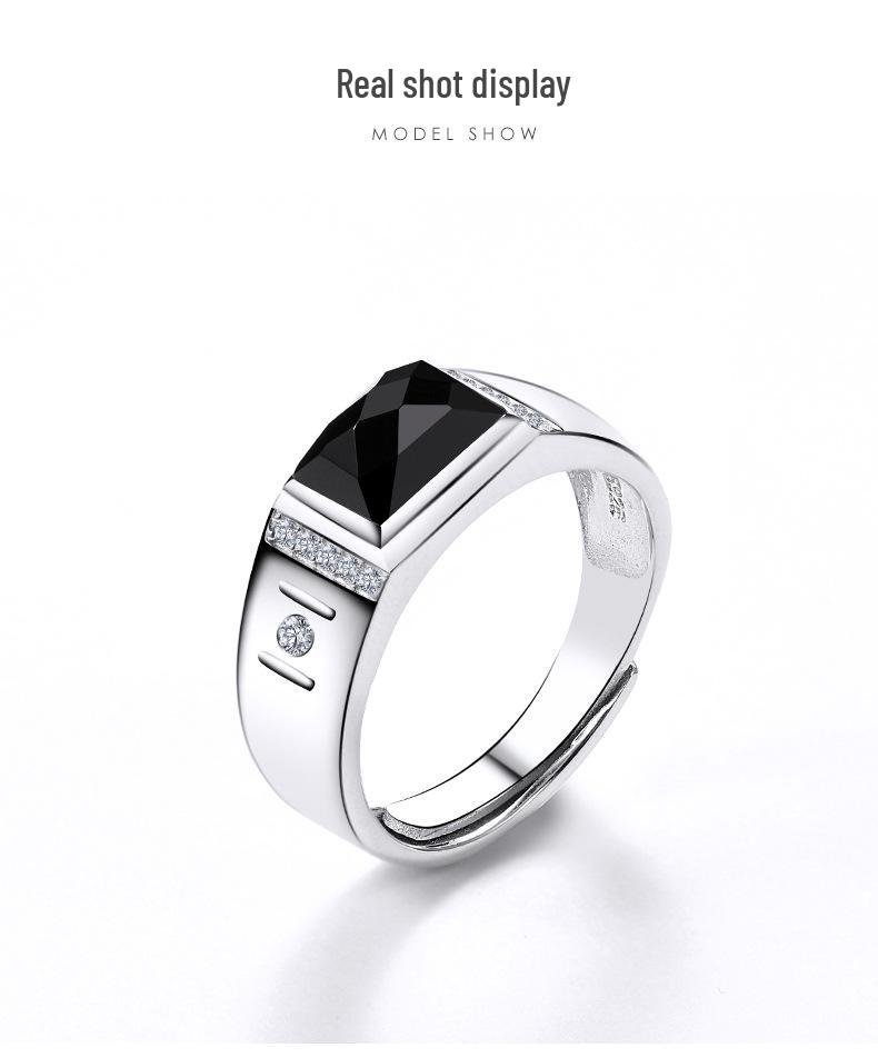 Men's Sterling Silver 925 Black Agate White Gold Plated Open Ring
