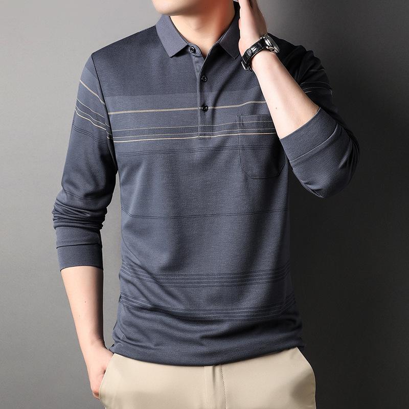 Fall Winter Men Long-Sleeved T-shirt Fashion Casual Polo Collar Striped Polo Shirt Daddy Men's Outfit Bottoming Shirt Top T-shirt Men