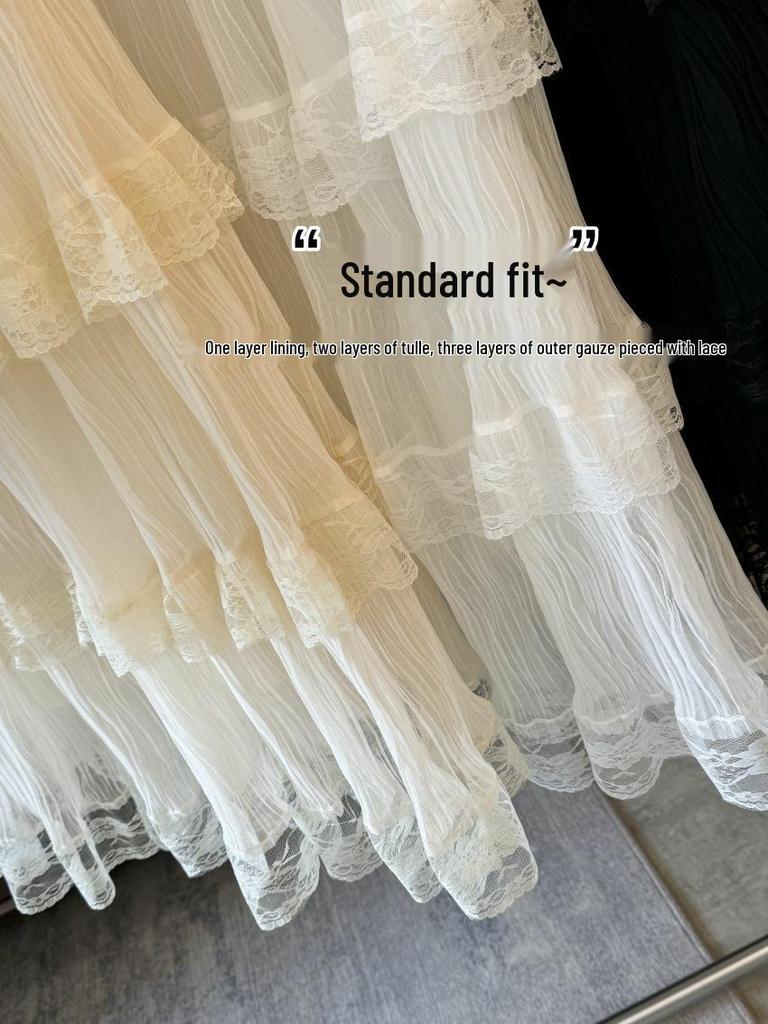 Textured Lace Layered Midi Skirt for Spring/Summer - Women's Sweet Sheer Mesh Skirt