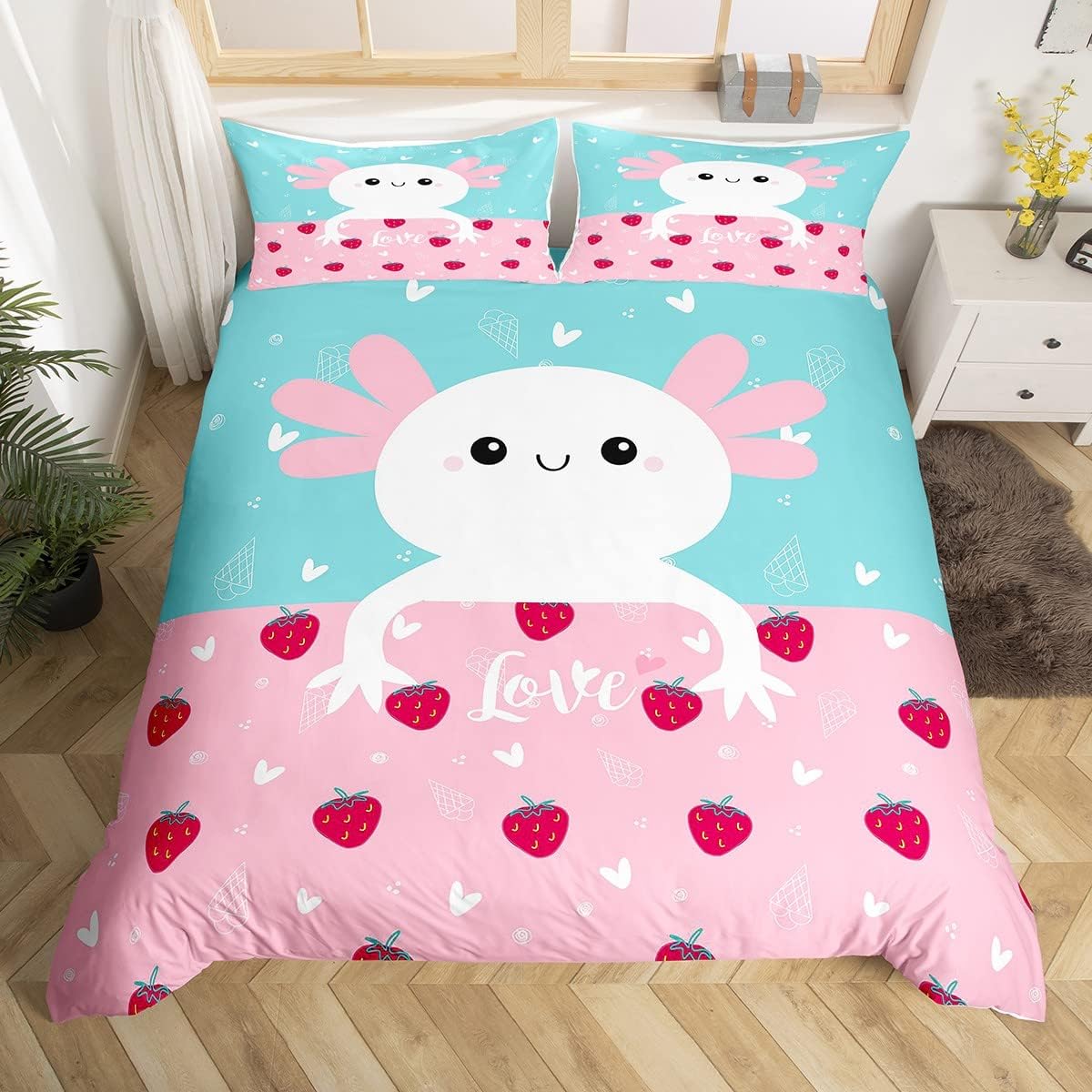 

Cartoon Axolotl Duvet Cover Full Queen Cute Ocean Animal Bedding Set for Kids Adult Undersea Coral Seaweed Plant Comforter Cover EU Single(135x200cm)