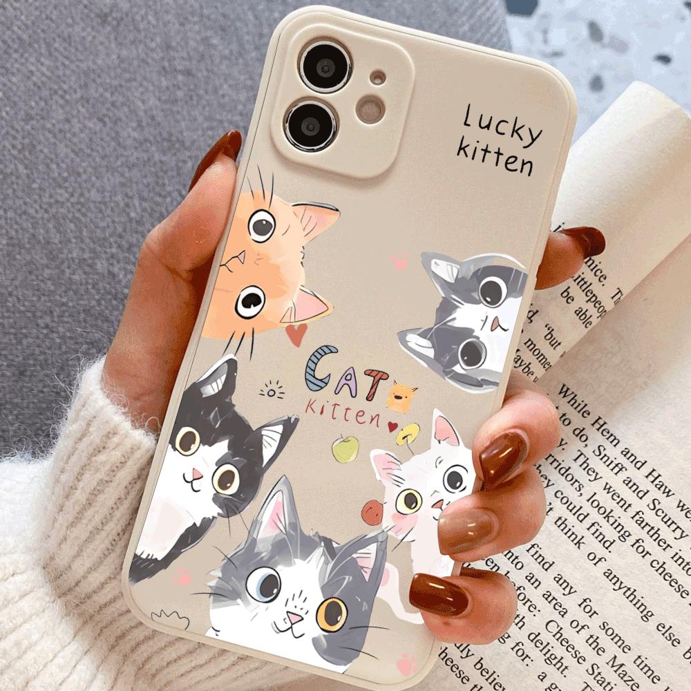 Cute Cartoon Cat Pattern Phone Case For iPhone 16 15 14 13 12 11 Pro Max Mini X XS SE 7 8 Plus 16E Shockproof Soft Cover Fundas